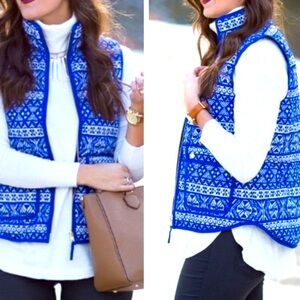 J Crew Fair Isle Down Puffer Vest Petite Medium Blue White Fall Cozy Vest